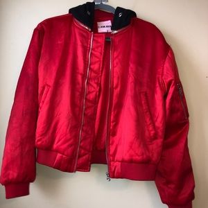Lightly worn I Am Gia red satin bomber jacket